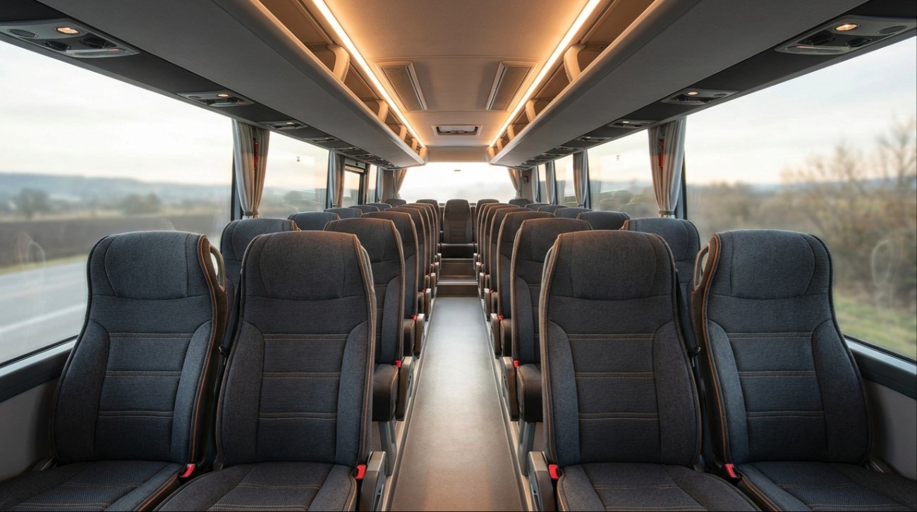 Notranjost turističnega avtobusa z udobnimi sedeži in velikimi okni