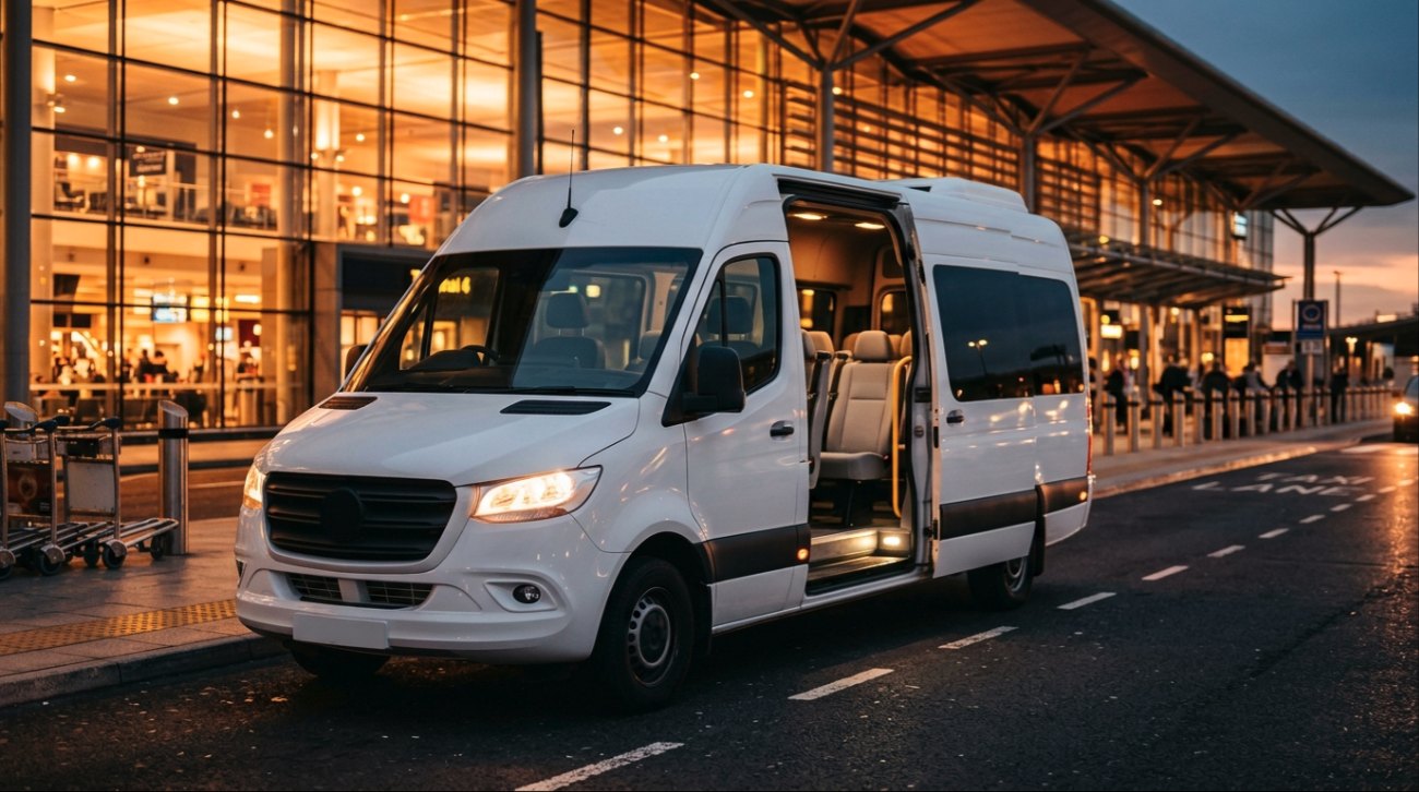 Beli kombi z odprtimi vrati pred letališkim terminalom v mraku