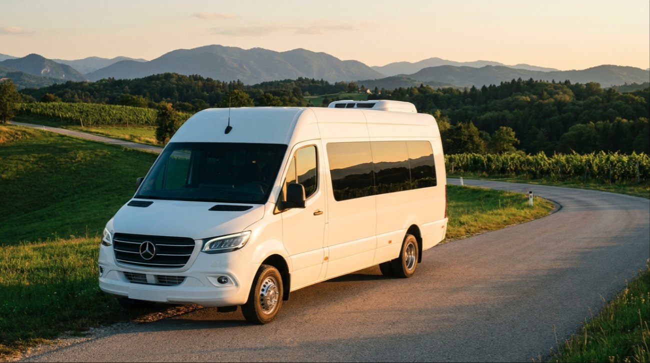 Beli minibus na podeželski cesti v pomurski pokrajini