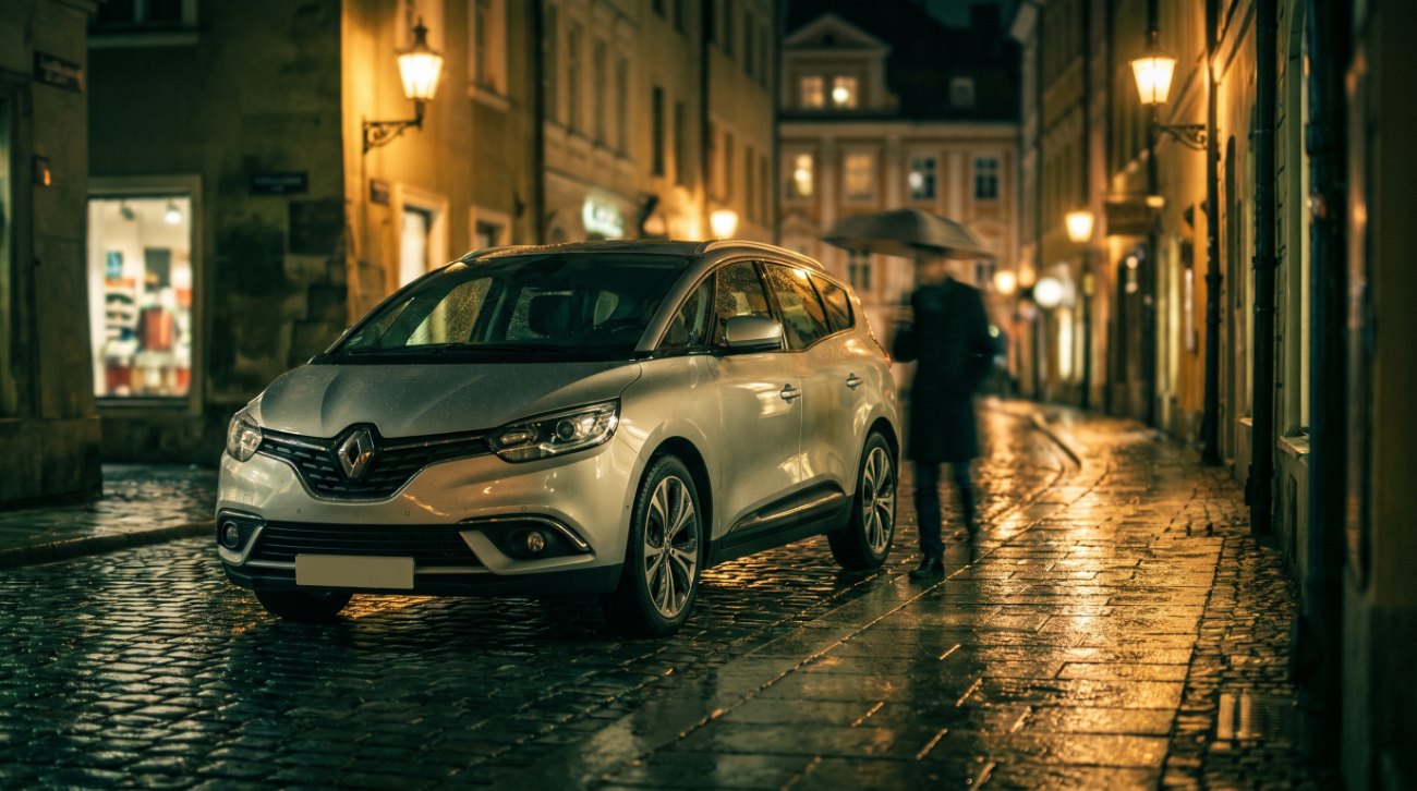 Renault Grand Scenic – taksi vozilo na tlakovani ulici ponoči